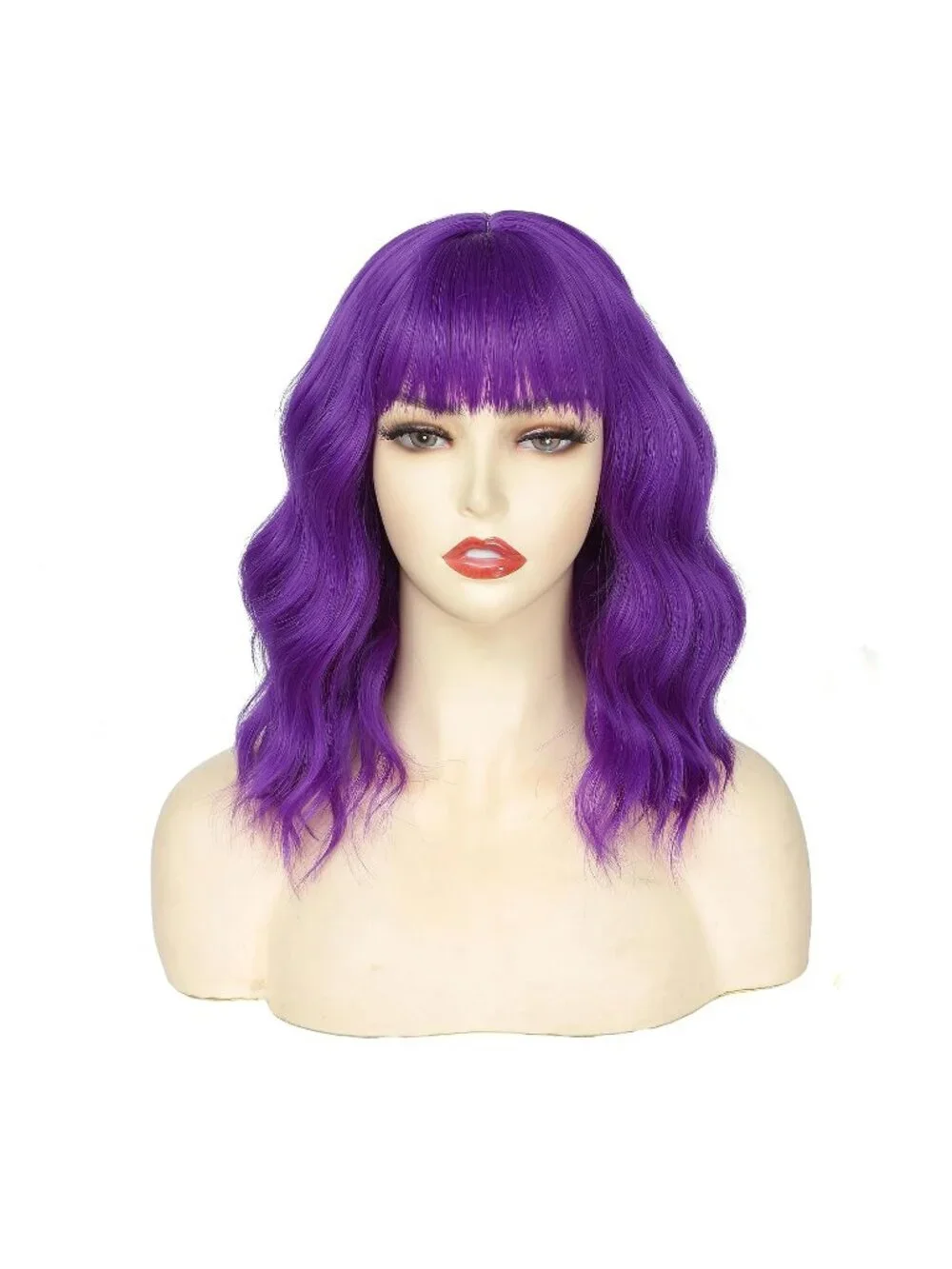 Women's Dark Purple 14 Inch Heat Resistant Short Wavy Hair Pastel Bob Wig Bangs